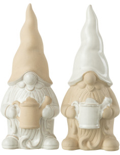 Statuette déco Lutin arrosoir Hauteur 25 cm en Porcelaine Blanc Beige Zyon (Lot de 2) - 1