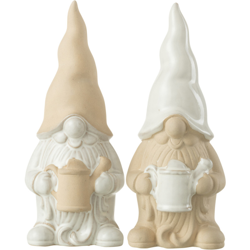 Statuette déco Lutin arrosoir Hauteur 25 cm en Porcelaine Blanc Beige Zyon (Lot de 2) - 1