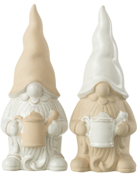 Statuette déco Lutin arrosoir Hauteur 25 cm en Porcelaine Blanc Beige Zyon (Lot de 2) - 1