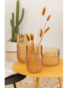 Vase Cylindrique Gidéon Hauteur 20 cm en Verre Orange Motif carrés - 1 2