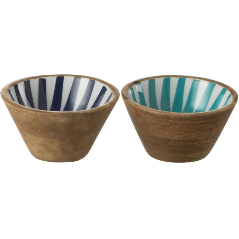 Petit bol à apéritif Rond 10 cm en Bois de manguier Bleu Blanc Naturel Motif lignes Katya (Lot de 2) - 1