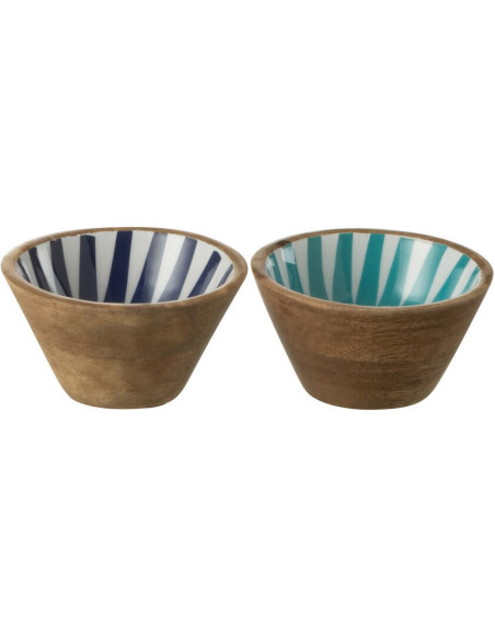 Petit bol à apéritif Rond 10 cm en Bois de manguier Bleu Blanc Naturel Motif lignes Katya (Lot de 2) - 1