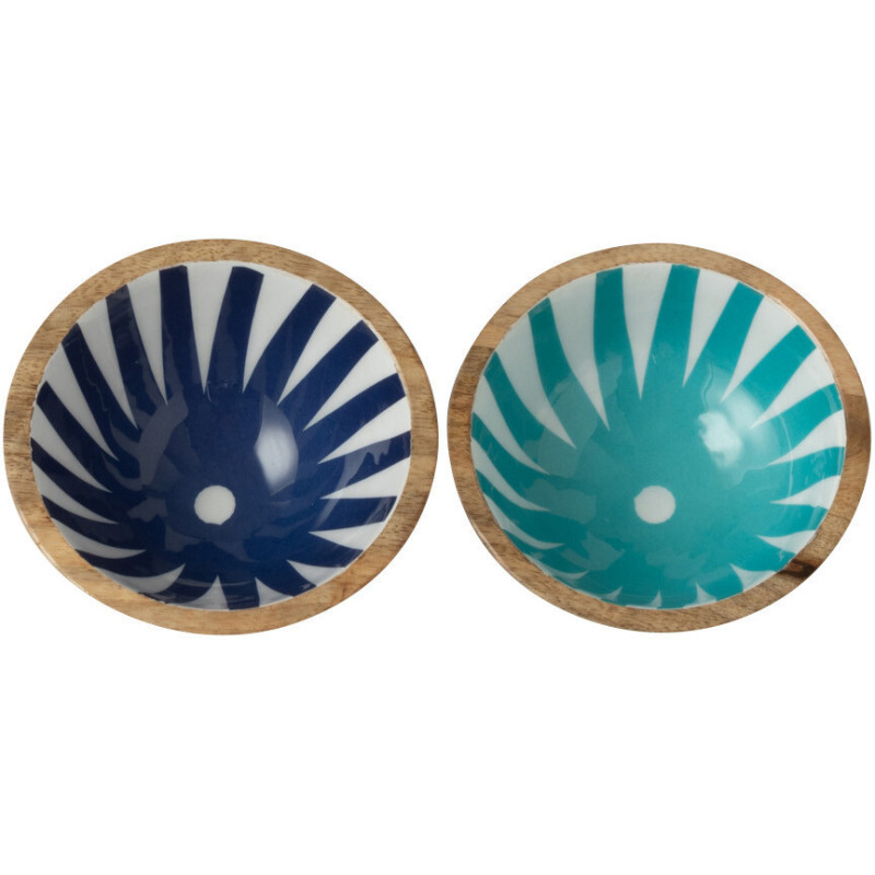 Petit bol à apéritif Rond 10 cm en Bois de manguier Bleu Blanc Naturel Motif lignes Katya (Lot de 2) - 2