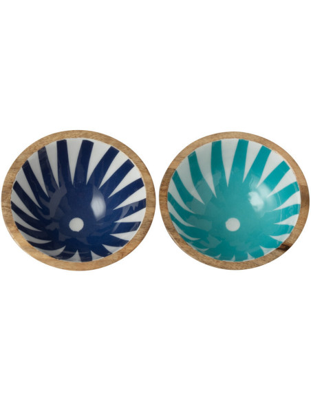 Petit bol à apéritif Rond 10 cm en Bois de manguier Bleu Blanc Naturel Motif lignes Katya (Lot de 2) - 2