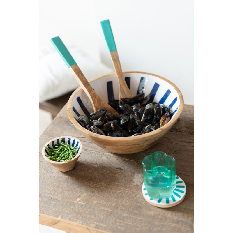 Petit bol à apéritif Rond 10 cm en Bois de manguier Bleu Blanc Naturel Motif lignes Katya (Lot de 2) - 3