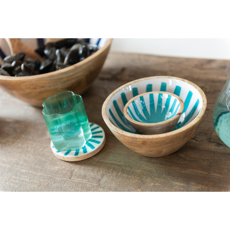Petit bol à apéritif Rond 10 cm en Bois de manguier Bleu Blanc Naturel Motif lignes Katya (Lot de 2) - 4