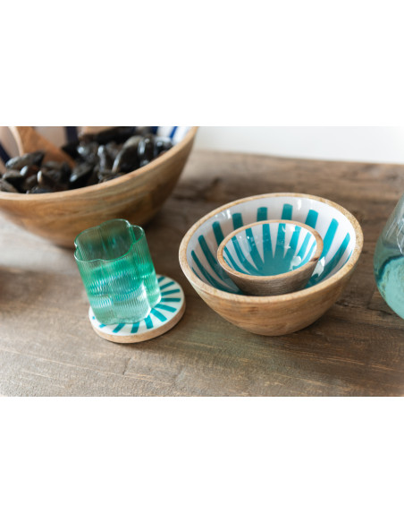 Petit bol à apéritif Rond 10 cm en Bois de manguier Bleu Blanc Naturel Motif lignes Katya (Lot de 2) - 4