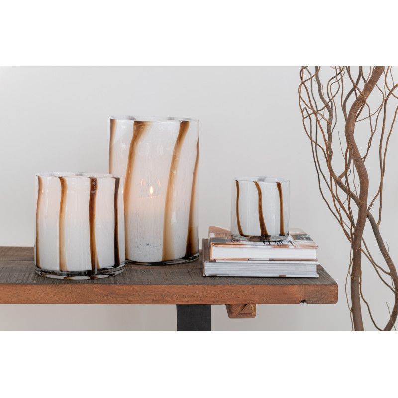 Photophore blanc rayé marron en verre 18 cm - 2