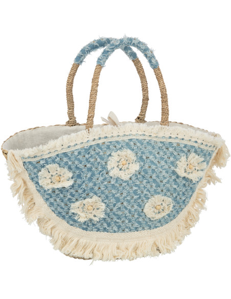 Sac de plage 59 cm en Jonc de mer Naturel Denim Bleu Motif fleurs Ynes - 1