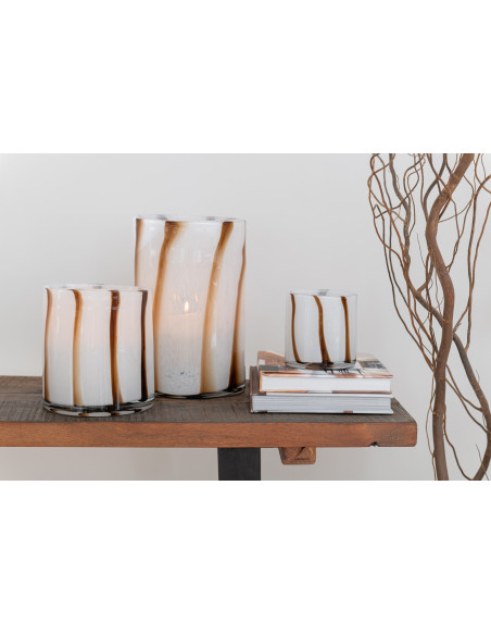 Vase large blanc rayé marron en verre 29 cm - 2