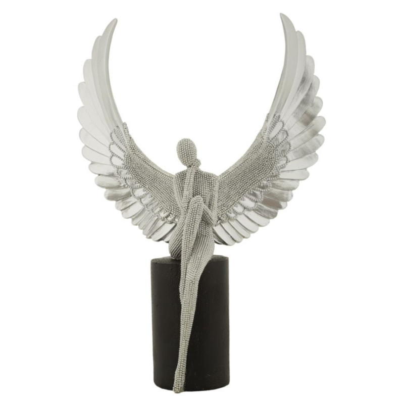 Grande Statuette déco moderne Ange assis Hauteur 34 cm en Résine Argenté Brillant Noir Sparky 