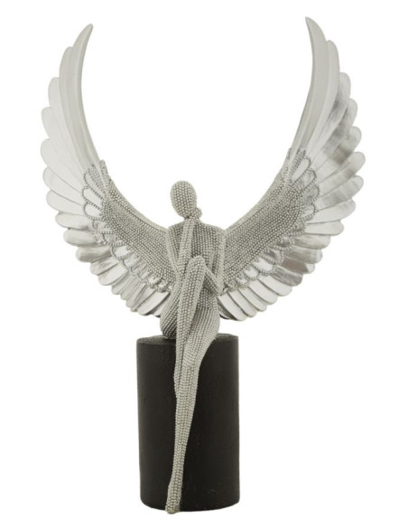 Grande Statuette déco moderne Ange assis Hauteur 34 cm en Résine Argenté Brillant Noir Sparky 