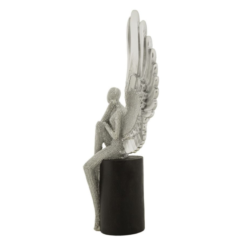 Grande Statuette déco moderne Ange assis Hauteur 34 cm en Résine Argenté Brillant Noir Sparky 