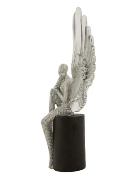 Grande Statuette déco moderne Ange assis Hauteur 34 cm en Résine Argenté Brillant Noir Sparky 