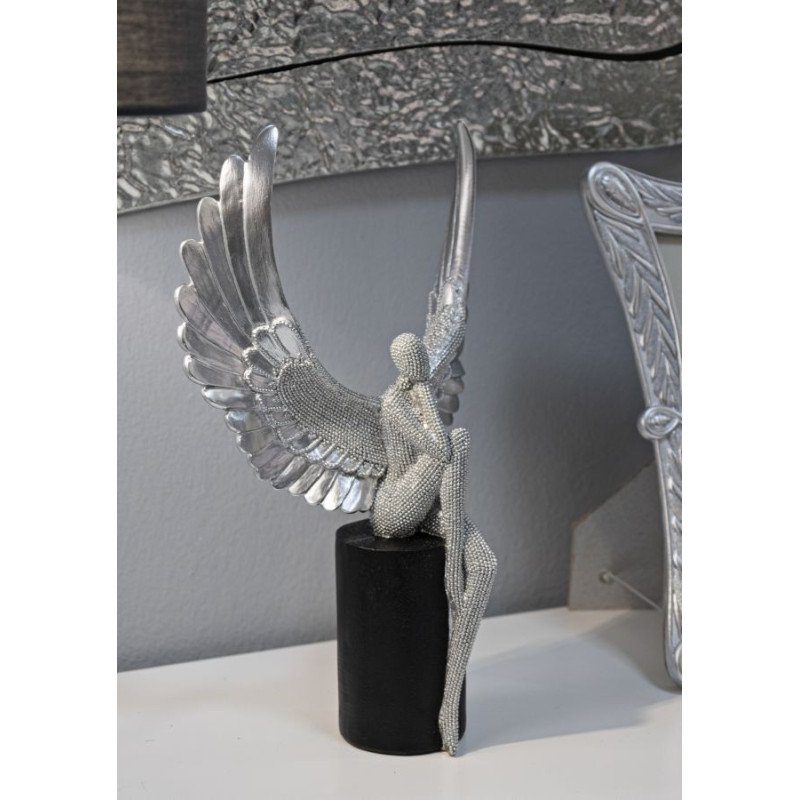 Grande Statuette déco moderne Ange assis Hauteur 34 cm en Résine Argenté Brillant Noir Sparky 