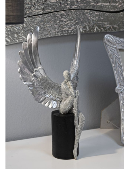Grande Statuette déco moderne Ange assis Hauteur 34 cm en Résine Argenté Brillant Noir Sparky 