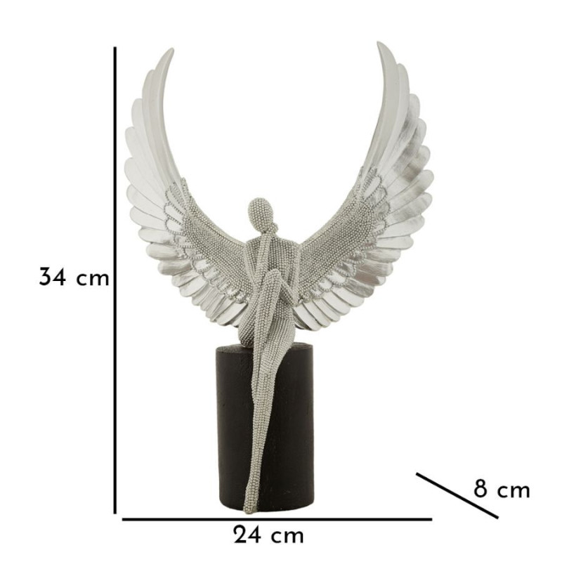Grande Statuette déco moderne Ange assis Hauteur 34 cm en Résine Argenté Brillant Noir Sparky 