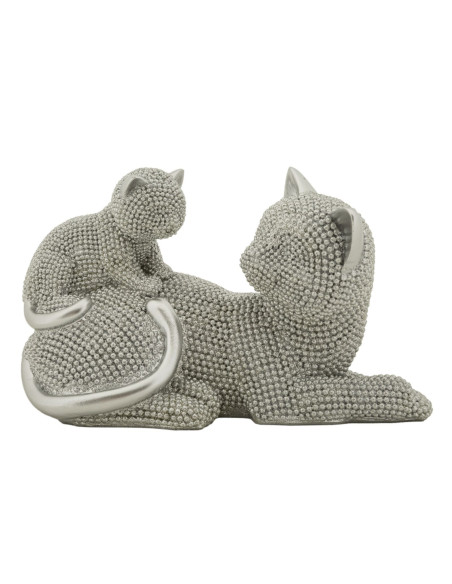 Statuette déco moderne Chatte avec chaton en Résine Argenté Brillant Sparky 