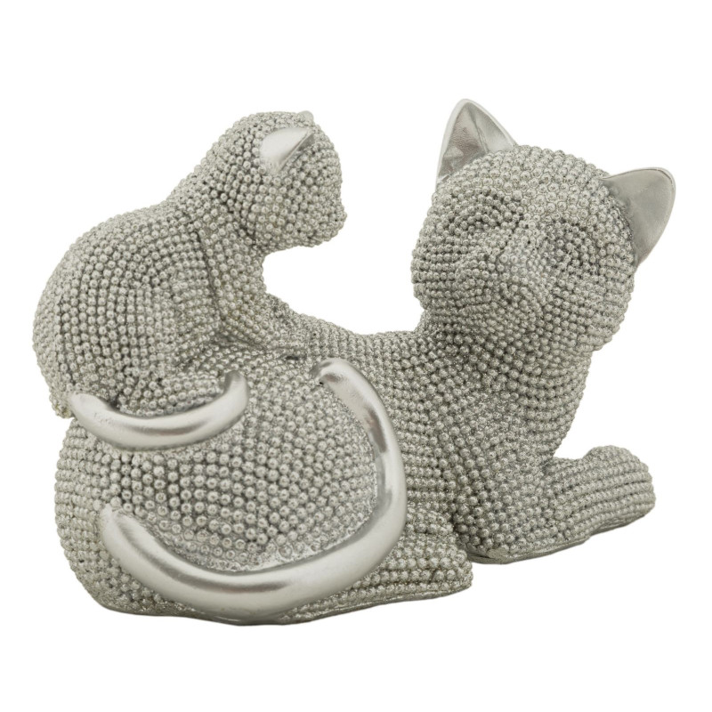 Statuette déco moderne Chatte avec chaton en Résine Argenté Brillant Sparky 
