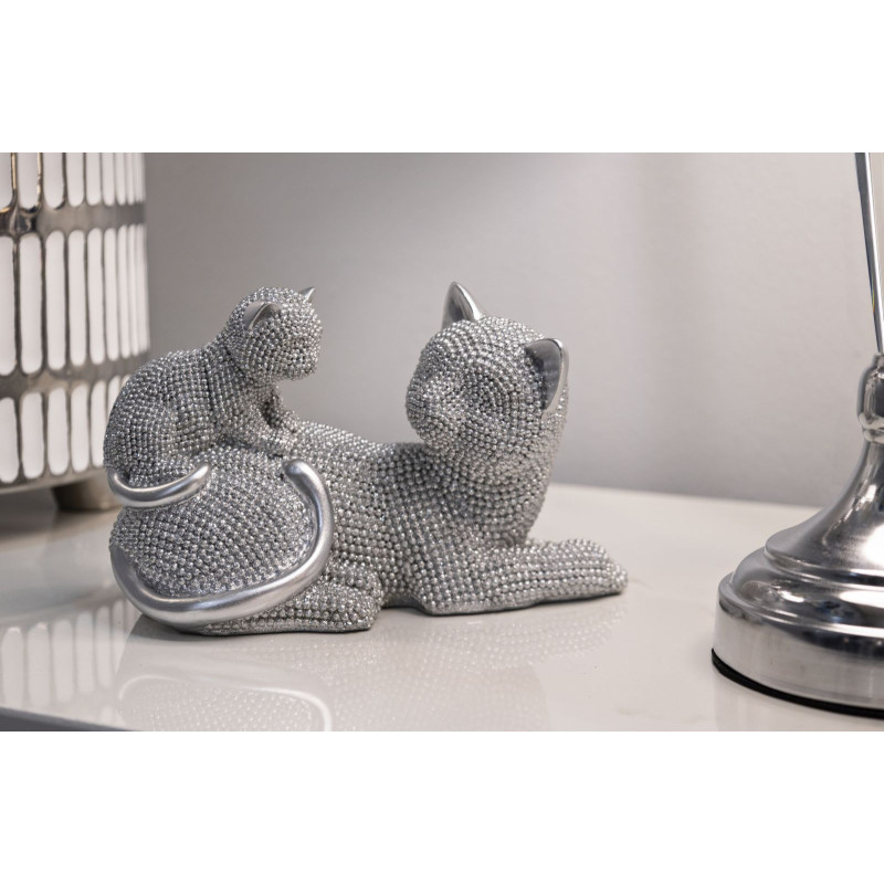 Statuette déco moderne Chatte avec chaton en Résine Argenté Brillant Sparky 