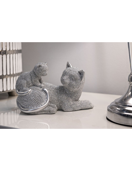 Statuette déco moderne Chatte avec chaton en Résine Argenté Brillant Sparky 