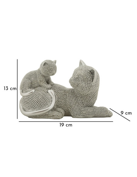 Statuette déco moderne Chatte avec chaton en Résine Argenté Brillant Sparky 