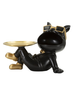 Statuette déco moderne Chien avec plateau 27 cm en Résine Noir Métal Doré Buddy 