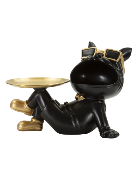 Statuette déco moderne Chien avec plateau 27 cm en Résine Noir Métal Doré Buddy 