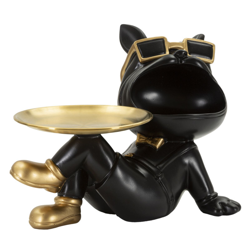 Statuette déco moderne Chien avec plateau 27 cm en Résine Noir Métal Doré Buddy 