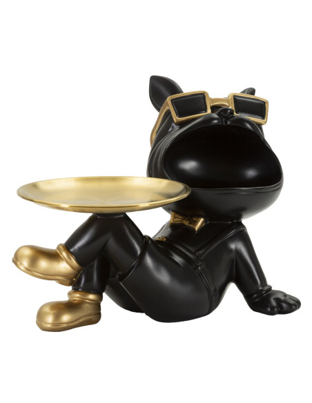 Statuette déco moderne Chien avec plateau 27 cm en Résine Noir Métal Doré Buddy 
