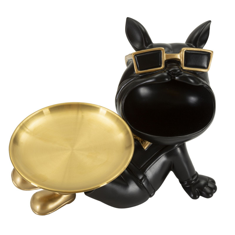 Statuette déco moderne Chien avec plateau 27 cm en Résine Noir Métal Doré Buddy 