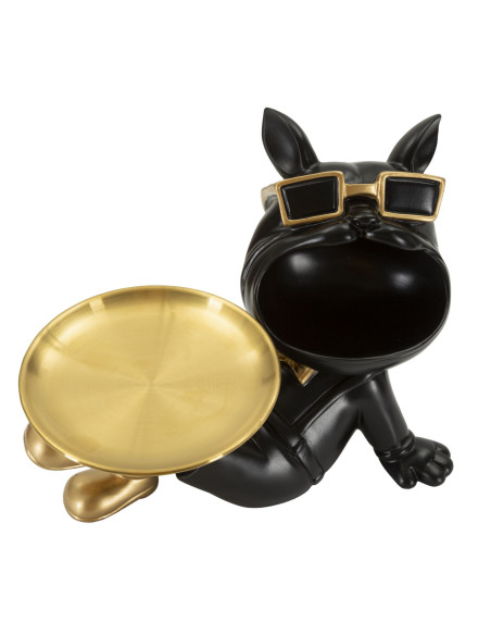 Statuette déco moderne Chien avec plateau 27 cm en Résine Noir Métal Doré Buddy 