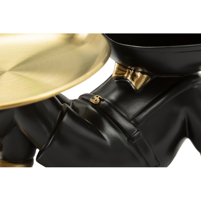 Statuette déco moderne Chien avec plateau 27 cm en Résine Noir Métal Doré Buddy 
