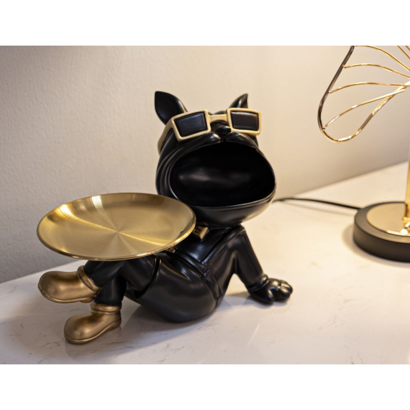 Statuette déco moderne Chien avec plateau 27 cm en Résine Noir Métal Doré Buddy 