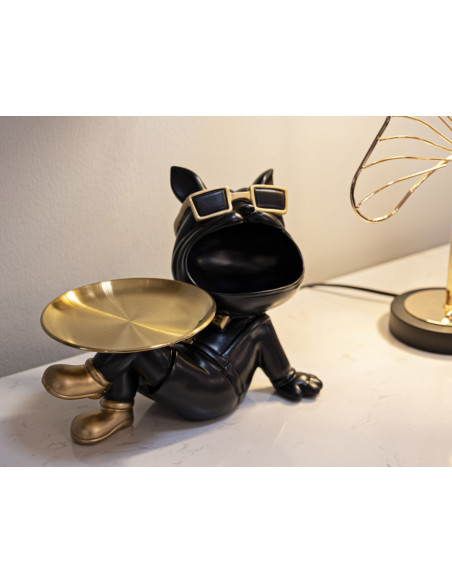 Statuette déco moderne Chien avec plateau 27 cm en Résine Noir Métal Doré Buddy 