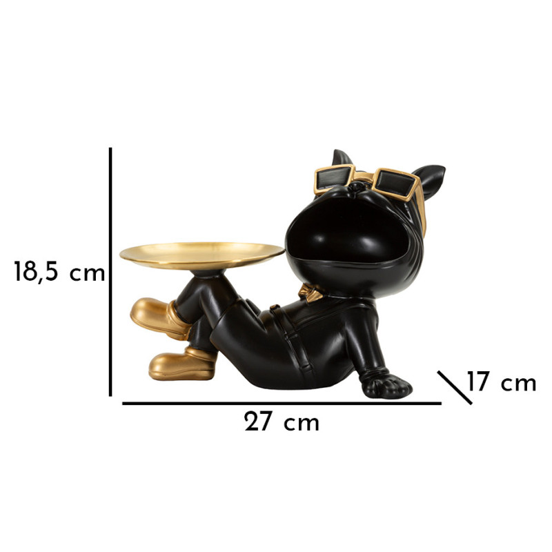 Statuette déco moderne Chien avec plateau 27 cm en Résine Noir Métal Doré Buddy 