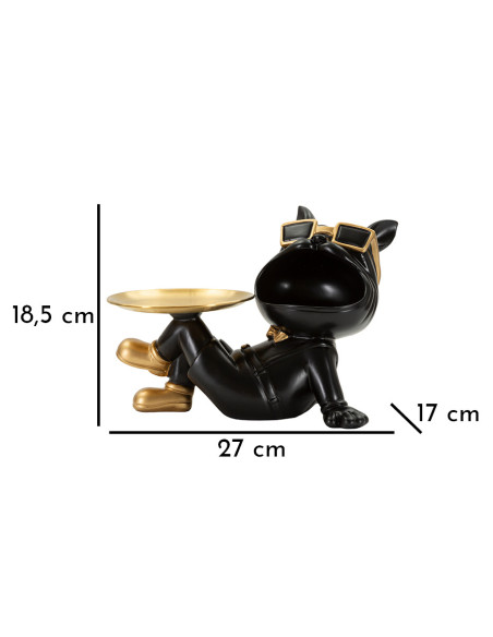 Statuette déco moderne Chien avec plateau 27 cm en Résine Noir Métal Doré Buddy 