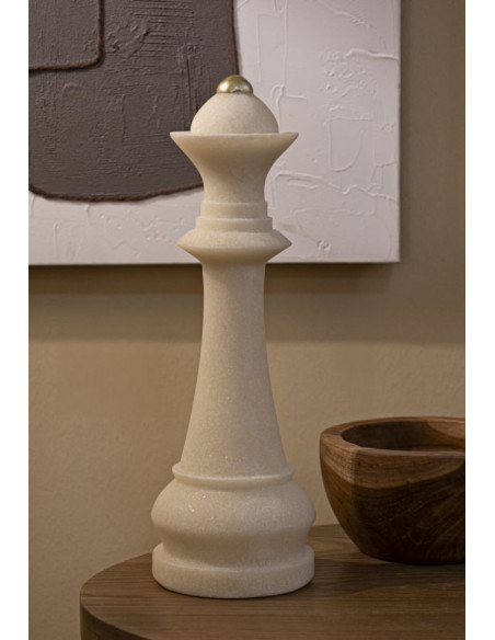 Statuette déco moderne Pièce d'échecs Reine Hauteur 36 cm en Résine Blanc Effet quartz Doré Scacchi 