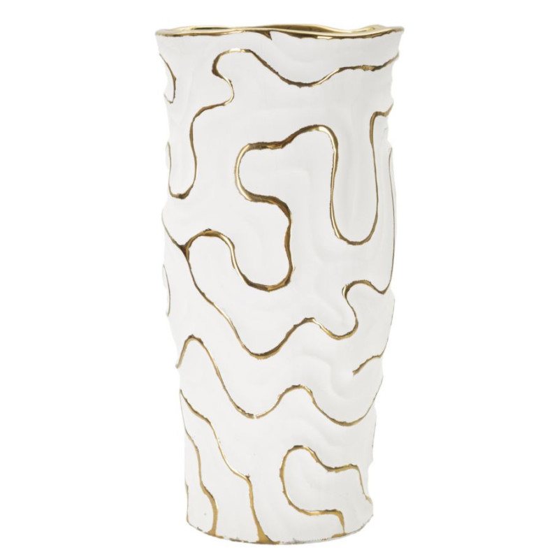 Grand Vase moderne chic Rond Hauteur 32 cm en Céramique Blanc Doré Adore 