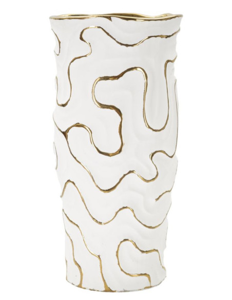 Grand Vase moderne chic Rond Hauteur 32 cm en Céramique Blanc Doré Adore 