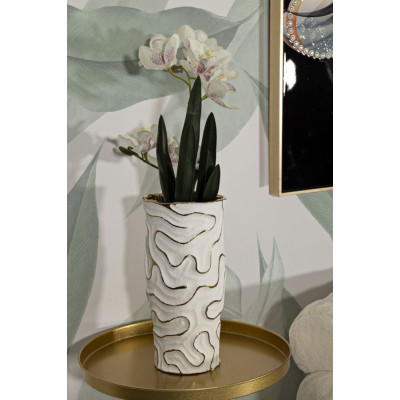 Grand Vase moderne chic Rond Hauteur 32 cm en Céramique Blanc Doré Adore 
