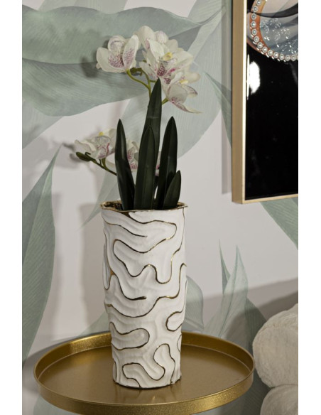 Grand Vase moderne chic Rond Hauteur 32 cm en Céramique Blanc Doré Adore 