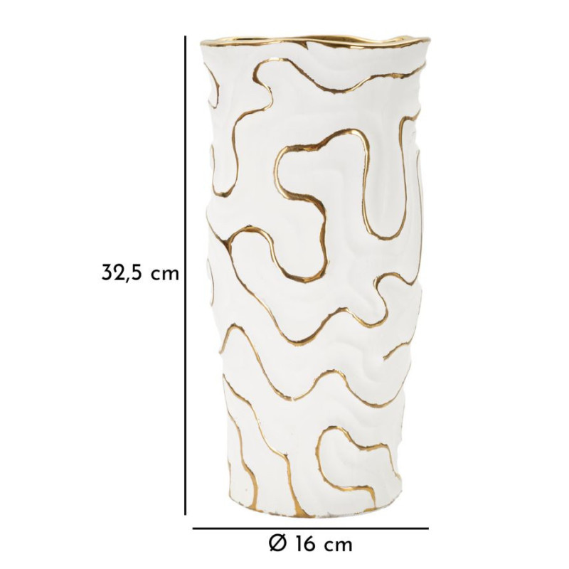 Grand Vase moderne chic Rond Hauteur 32 cm en Céramique Blanc Doré Adore 