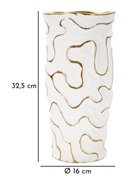 Grand Vase moderne chic Rond Hauteur 32 cm en Céramique Blanc Doré Adore 