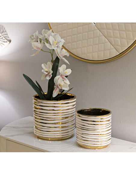 Cache-pot moderne Rond en Céramique Doré Blanc Blom (Lot de 2) 