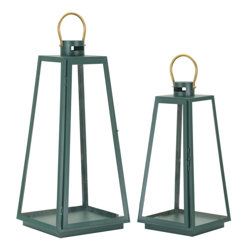 Lanterne à bougie moderne en Métal Vert Doré Verre Transparent Grent (Lot de 2) 