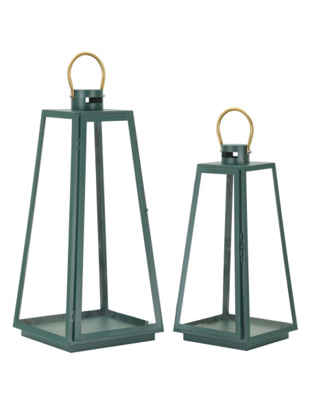 Lanterne à bougie moderne en Métal Vert Doré Verre Transparent Grent (Lot de 2) 