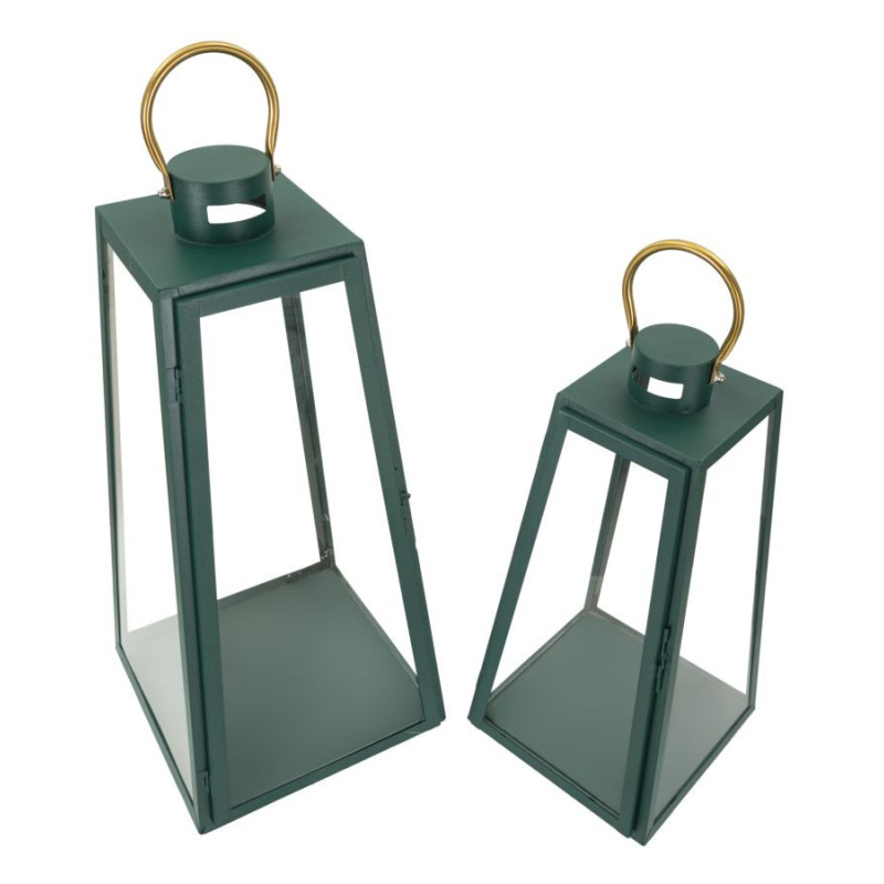 Lanterne à bougie moderne en Métal Vert Doré Verre Transparent Grent (Lot de 2) 