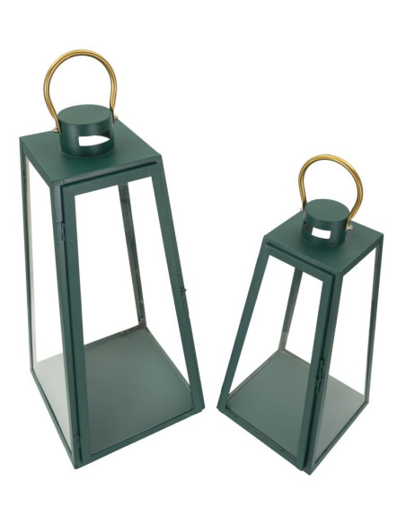 Lanterne à bougie moderne en Métal Vert Doré Verre Transparent Grent (Lot de 2) 