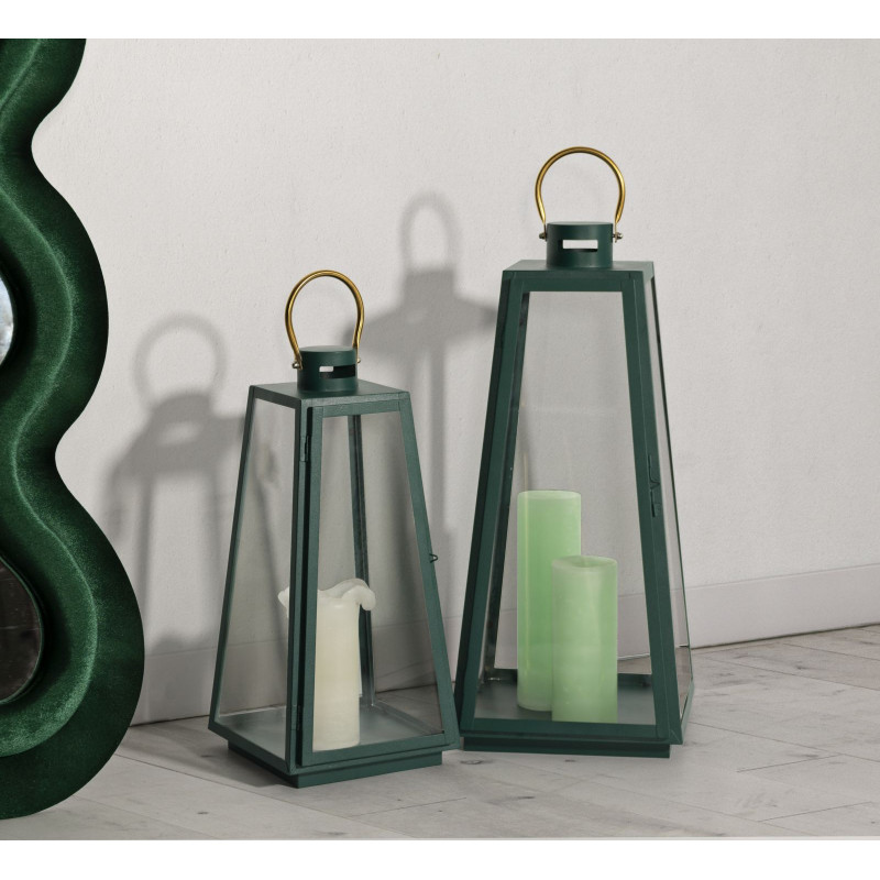 Lanterne à bougie moderne en Métal Vert Doré Verre Transparent Grent (Lot de 2) 